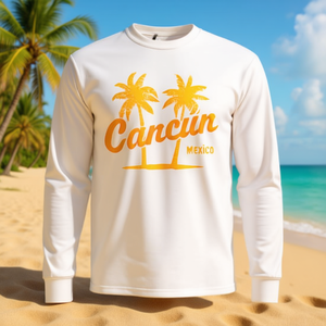 T-shirt vintage anni '70 con grafica Cancun Messico a maniche lunghe, prodotto promozionale con palme - Product Image 3