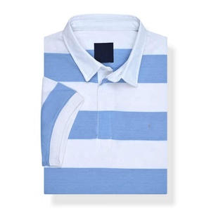 Polo de rugby épais en coton rayé bleu et blanc, à manches courtes, décontracté, respirant, col boutonné, en popeline tissée pour l'été - Product Image 2