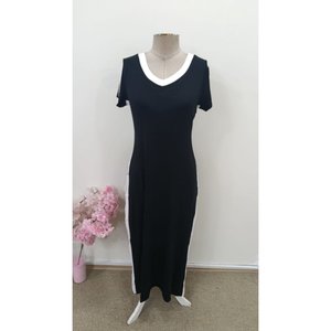 Robe longue en viscose à manches courtes et col en V pour femme avec détail rayé sur le côté, 36459 - Noir - Product Image 6
