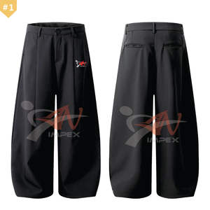 Pantalon unisexe rétro plissé coupe scimitar, simple, polyvalent, ample, jambe large, long, décontracté, léger, droit, taille mi-haute, fermeture éclair - Product Image 2