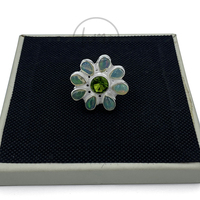 Bague Fleur en Argent Sterling 925 avec Opale de Feu Éthiopienne et Pierre Centrale en Quartz Péridot Vert, Bague Ajustable Bohème en Pierres Précieuses, Bijou