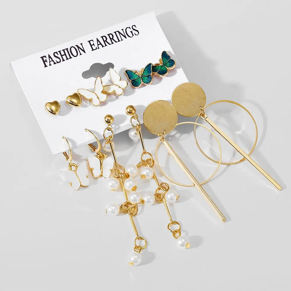 6 Pasang Hati Kupu-kupu Drop Earrings Set Lingkaran Besar Piercings Earrings Perhiasan untuk Wanita Gadis Mutiara Hoop Lucu Telinga Gesper/
