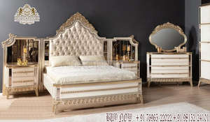 Lit à baldaquin en teck moderne sur le thème du platine et ensemble de chambre à coucher avec meubles sculptés capitonnés blanc antique - Product Image 4