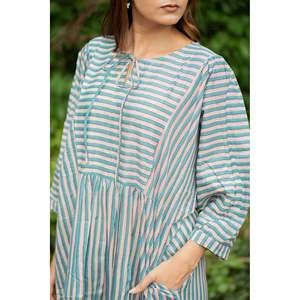 Cotton Midi <b>Dress</b> Stripe Hand Block Print Breathable <b>Boho</b> <b>Summer</b> Sundress Pockets Artisan Style Beach Vacation Wear for - Product Image 1