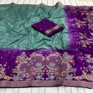 Sari en soie Dola VASTRA COTTAGE avec broderie, travail de sequins, bordure contrastée, dentelle brodée, chemisier ethnique pour les fêtes - Product Image 2