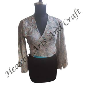 Parche Sari de seda con estampado Floral informal de Verano Indio, manga larga, corbata frontal, manga acampanada, Top envolvente, Top corto de estilo Vintage para fiesta - Product Image 4