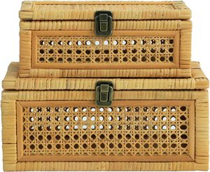 Handmade Boho Decorative <b>Rattan</b> <b>Storage</b> Box High Quality Rectangular Woven Cane Basket with Lids for Home Organizer Display - Product Image 1