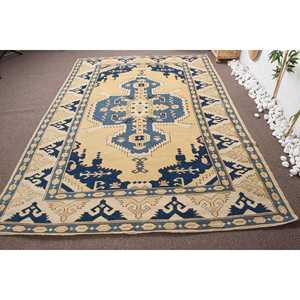 Alfombra Turca, Alfombra Vintage Grande de 6.1x8.8 pies, Alfombra de Lana Sólida Azul Beige - Product Image 1