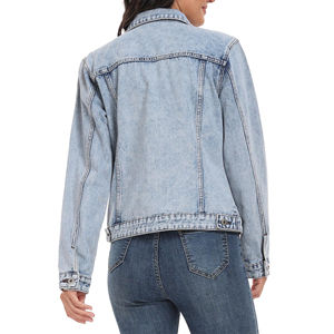 ladies Light Blue Acid Washed Women <b>Denim</b> <b>Jacket</b> Casual <b>Long</b> Sleeve Button Up Trucker Coat with Pockets Custom Logo OEM - Product Image 4