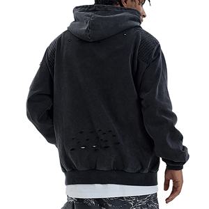 Sweat à capuche zippé pour hommes de qualité supérieure coton mélangé en détresse lavé à l'acide Style d'hiver Vintage épaule tombante surdimensionnée - Product Image 2