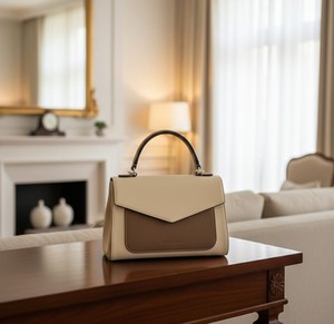 Luxury Fashion Two Tone Beige Tan Leather <b>Satchel</b> <b>Bag</b> <b>Women</b> Designer Top Handle Purse Structured Candy Water Resistant Handbag - Product Image 6