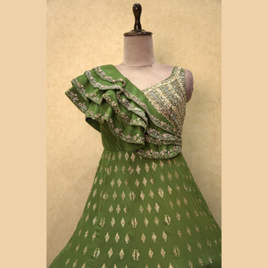 Superbe robe en georgette anarkali verte Mehendi avec broderie à la main épaisse vêtements ethniques gracieux pour toutes les occasions - Product Image 2