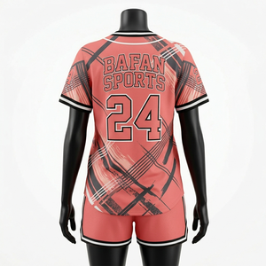 Ensemble maillot et short de baseball en polyester doux 180 GSM, noir corail, panneaux graphiques, logo sublimé, personnalisable, pour femme - Product Image 2