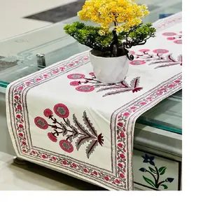 Custom made 100 % cotton fabric,hand block printed table runners for home & hotels for 6 seater table in beautiful flower design