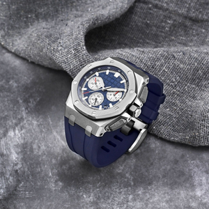 Montre chronographe à quartz de sport de luxe en gros Boîtier en acier inoxydable Cadran bleu 22mm Bracelet en caoutchouc Logo personnalisé Entreprise - Product Image 5