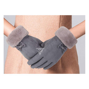 Venta caliente Guante de invierno para mujer Pantalla táctil Cuero de gamuza de vaca genuino, puños esponjosos, Forro de piel engrosada, Decoración de lazo - Product Image 3