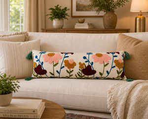 Housse de coussin lombaire en coton brodé motif floral Boho Meadow, taie d'oreiller longue artisanale avec pompons aux coins pour la décoration de la literie - Product Image 1