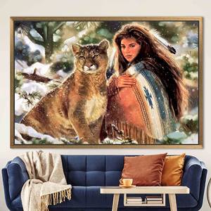 Impression sur toile élégante d'une femme autochtone et d'un grand chat, 1P : encadrée or - Product Image 1