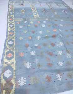 Magnifique Deshi Dhakai Jamdani Sharee Qualité Export pour Femme JAMDANI TISSU Bleu VERT Doré Bleu Ciel du Bangladesh - Product Image 2