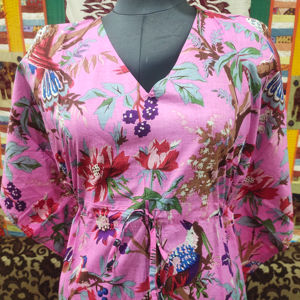 100% algodón puro cuello en V Rosa pájaro estampado Kaftan transpirable y cómodo ropa de dormir de mujer para festivales de verano - Product Image 1