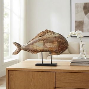 Escultura artesanal de pez kerapu en madera, estatua rústica de pargo tallada en teca con base de metal, decoración para mesa. - Product Image 3