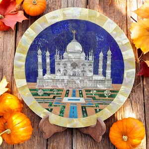 Assiette décorative de luxe en marbre de 9 pouces avec incrustation exquise de Taj Mahal Travail élégant Accent de décoration intérieure en pierre naturelle - Product Image 2