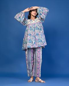 Ensemble coordonné en coton bleu uni pour femmes - Ensemble Kurta confortable de style ethnique indien - Cadeau artisanal écologique pour elle Printemps Automne Hiver - Product Image 4