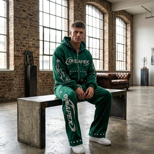 Conjunto de Sudadera con Capucha y Pantalones Deportivos con Gráficos de Diamantes de Imitación Verdes, Estilo Urbano, Dos Piezas, Venta al Por Mayor - Product Image 5
