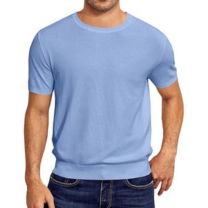 Pull-over extensible à col ras du cou pour hommes, pull-over décontracté, solide, basique, à manches courtes, t-shirts décontractés basiques en tricot - Product Image 2