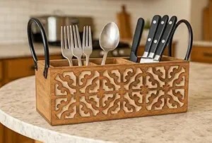 ที่ใส่ช้อนส้อมไม้พิมพ์ลาย ราคาถูกและทนทาน สำหรับวางบนเคาน์เตอร์ครัว ที่ใส่ช้อนส้อมไม้พิมพ์ลาย - Product Image 5