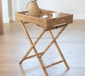 Plateaux de service rectangulaires en rotin naturel tissés à la main, style campagnard, pliables, pour salle de bain, cuisine, pieds robustes, multifonctionnels, rangement - Product Image 1