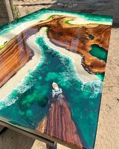 Table à manger rectangulaire moderne en résine époxy artisanale de luxe pour salon, plateau en bois d'acacia, imperméable, cadeau de mariage, couleur personnalisée - Product Image 5