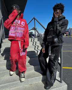 Ensemble de survêtement en coton à rayures, veste et pantalon pour hommes, fabricant de rivets, strass et clous en métal, deux pièces en tissu cousu pour hommes - Product Image 2