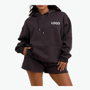 Nouvelle mode 100% coton été décontracté deux pièces ensemble pour femmes épaule tombante à capuche et short avec logo couleur personnalisée - Product Image 6