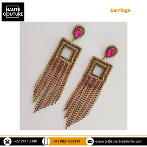 Pendientes de borlas de piedra de cadena fucsia de diseño elegante hecho a mano de 13cm de largo para mujeres y niñas, ropa de fiesta de noche bordada a mano - Product Image 3