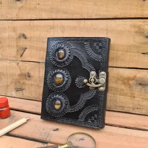 Leather journal With three tiger eye stone Handmade journal Book of Shadows thanx giving gift for her leather grimoire