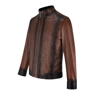 Veste en cuir véritable marron à col mandarin pour homme avec doublure en tissu coupe-vent et fermeture éclair Vestes pour homme de grande taille - Product Image 6