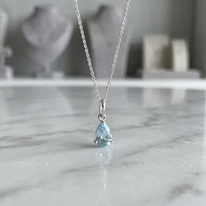 Tiny Aquamarine Teardrop Necklace Layering Minimalist <b>Pendant</b> For Mom Of Boy 925 Sterling Silver March <b>Birthstone</b> Devotion - Product Image 4