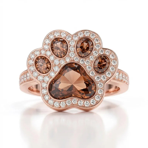 Anillo con Huella de Pata en Oro Rosa con Gemas Marrones y Detalles Blancos Brillantes, Joyería de Moda Única para Amantes de los Animales, Regalo - Product Image 2