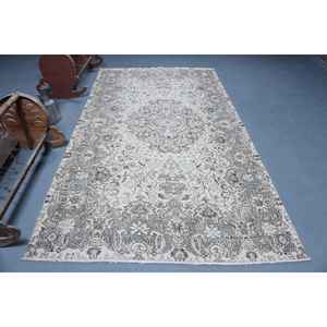 Alfombra Turca Vintage, Alfombra Grande de 5.3x10 pies, Alfombra de Lana con Bordes Azul Gris - Product Image 1