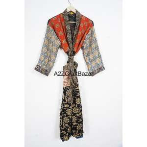 Women's Silk Sari Patchwork Printed Bohemian Robe V-Neck Drawstring Full Length <b>Long</b> <b>Sleeves</b> Breathable Elegant Summer Beachwear - Product Image 6