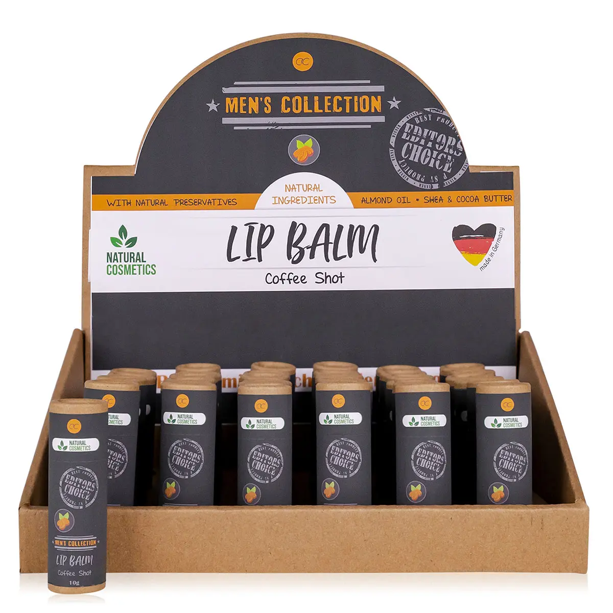 Accentra Lipbalm Men's Collection 10g in brown paper tube  handmade  aroma: coffee shot  color: cream white in display