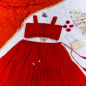 VASTRA COTTAGE Lehenga Choli de Georgette Pura con Blusa con Borde de Encaje y Dupatta Bordada, Ropa Étnica de Diseño para Mujer - Product Image 3
