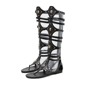 Sandálias femininas gladiadoras romanas com rebites, botas altas e rendas, sapatos elegantes e casuais de praia com zíper, sapatos de verão e joelho, com bico alto - Product Image 3