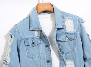 Service OEM 100% Veste en jean de haute qualité 100% coton vieilli avec patchs déchirés et motif de lettres - Product Image 4