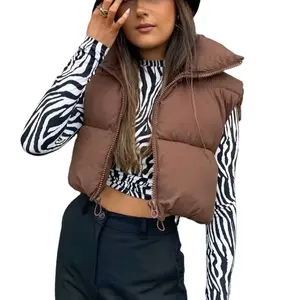 Women's Puffer Down Coat vest black/brown Vintage Stand Neck Sleeveless Jacket Zipper Cardigan Tops Thicker Outer