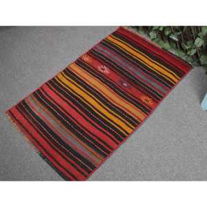 Turkish Kilim Rug 2.1x3.5 ft, <b>Red</b> Black Patchwork <b>Wool</b> Vintage Rug - Product Image 2