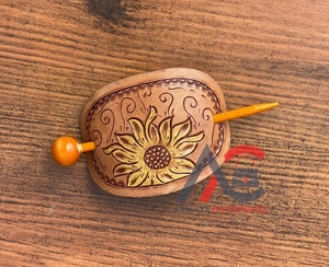 New Handcrafted Tooled Leather Vintage Hair Stick High Quality Western Genuine Leather Women <b>Barrette</b> <b>Clips</b> Sunflower Hair Stick - Product Image 1