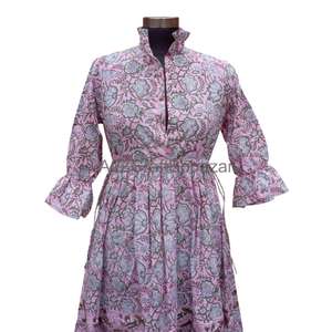 Robe midi en coton vintage pour femmes, col en V, manches courtes, écologique, légère, style minimaliste, décontractée, imprimé floral, respirante - Product Image 2