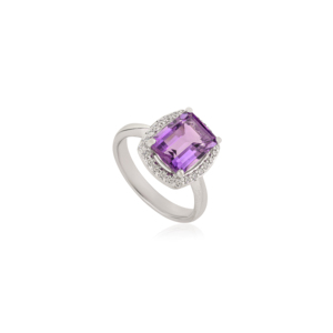 Anillo único hecho a mano de plata de ley 925 con amatista natural de corte esmeralda de 2.7 CT, engaste de halo con puntas, regalo para ella. - Product Image 3